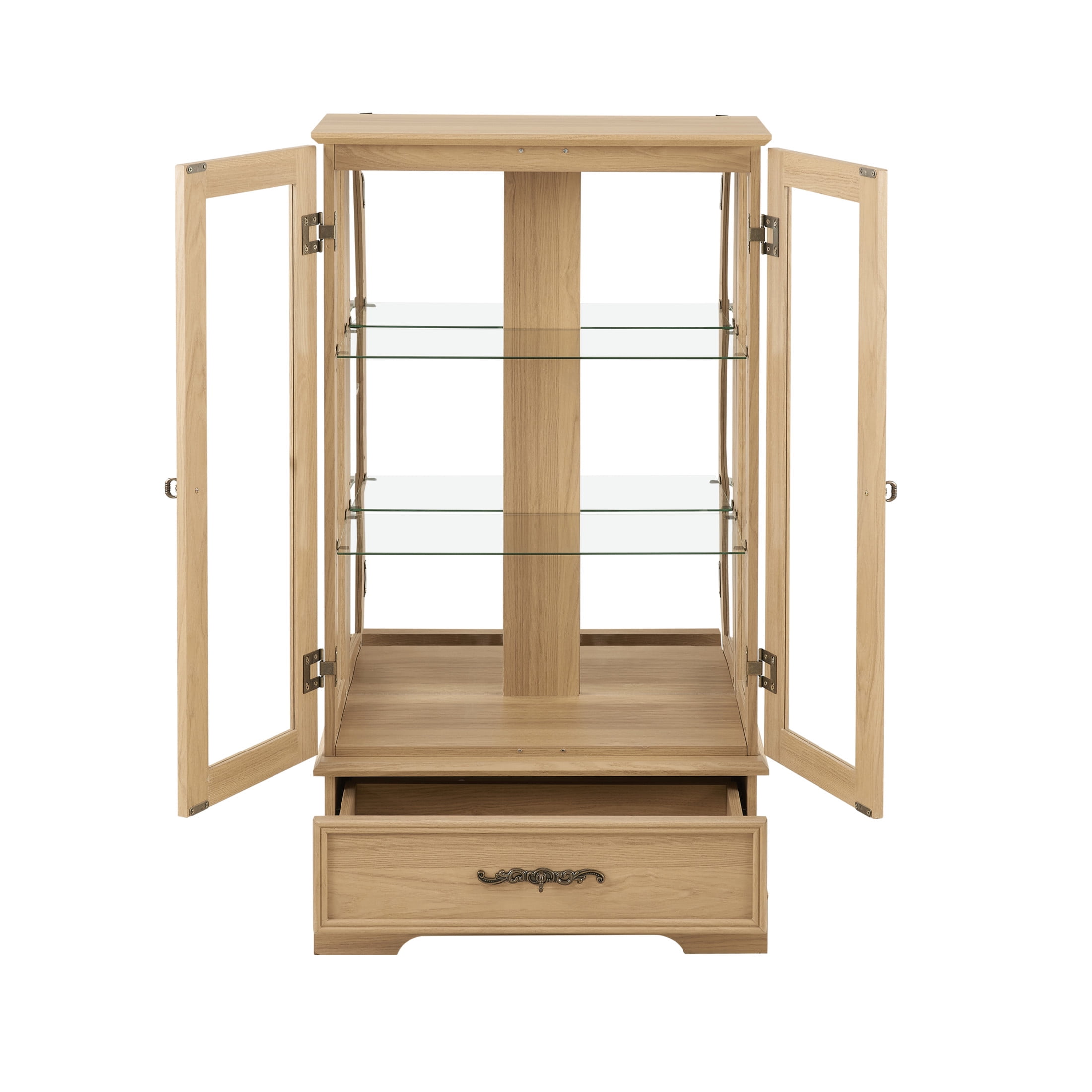 Noble House Louisa Lighted Curio Cabinet, Glass Display Case with Drawer, Mirrored Back & Adjustable Shelves, Light Oak