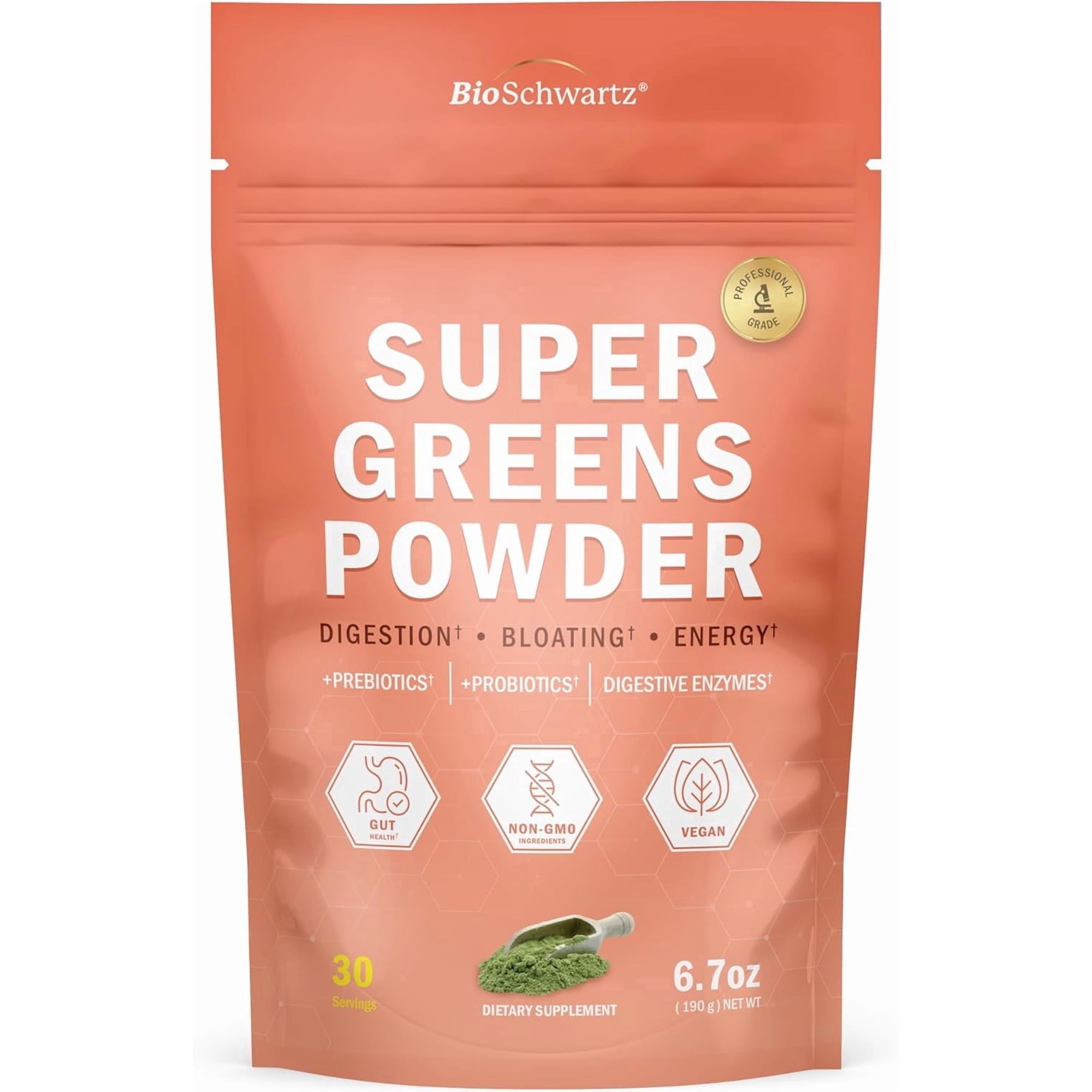 BioSchwartz Supergreens Powder with Probiotics and Digestive Enzymes, 6 7 oz