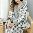 thumbnail image 3 of Defitshape Women's Plaid Fleece Robe Cozy Long Sleeve Fuzzy Soft Long Winter Warm Kimono Robe Bath SPA Maternity House Coat Sherpa Lined Dressing Gown Plush Hooded Bathrobe Grey Small-Medium, 3 of 5
