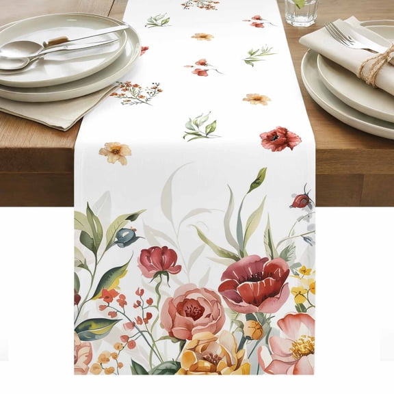 Spring Floral Table Runner - 60 Inch Long, Kitchen Dining Table Runner Dresser Scarves, Summer Botanical Watercolor Blooming Farmhouse Decor for Coffee Tables Wedding Party Banquet