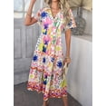 thumbnail image 2 of Women's Bohemian-style mid-length floral dress, V-neck short-sleeved summer casual button-neck flowing dress, 2025 beach holiday outfit., 2 of 6