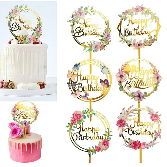 Happy Birthday Glittered Cake Topper; Acrylic Gold
