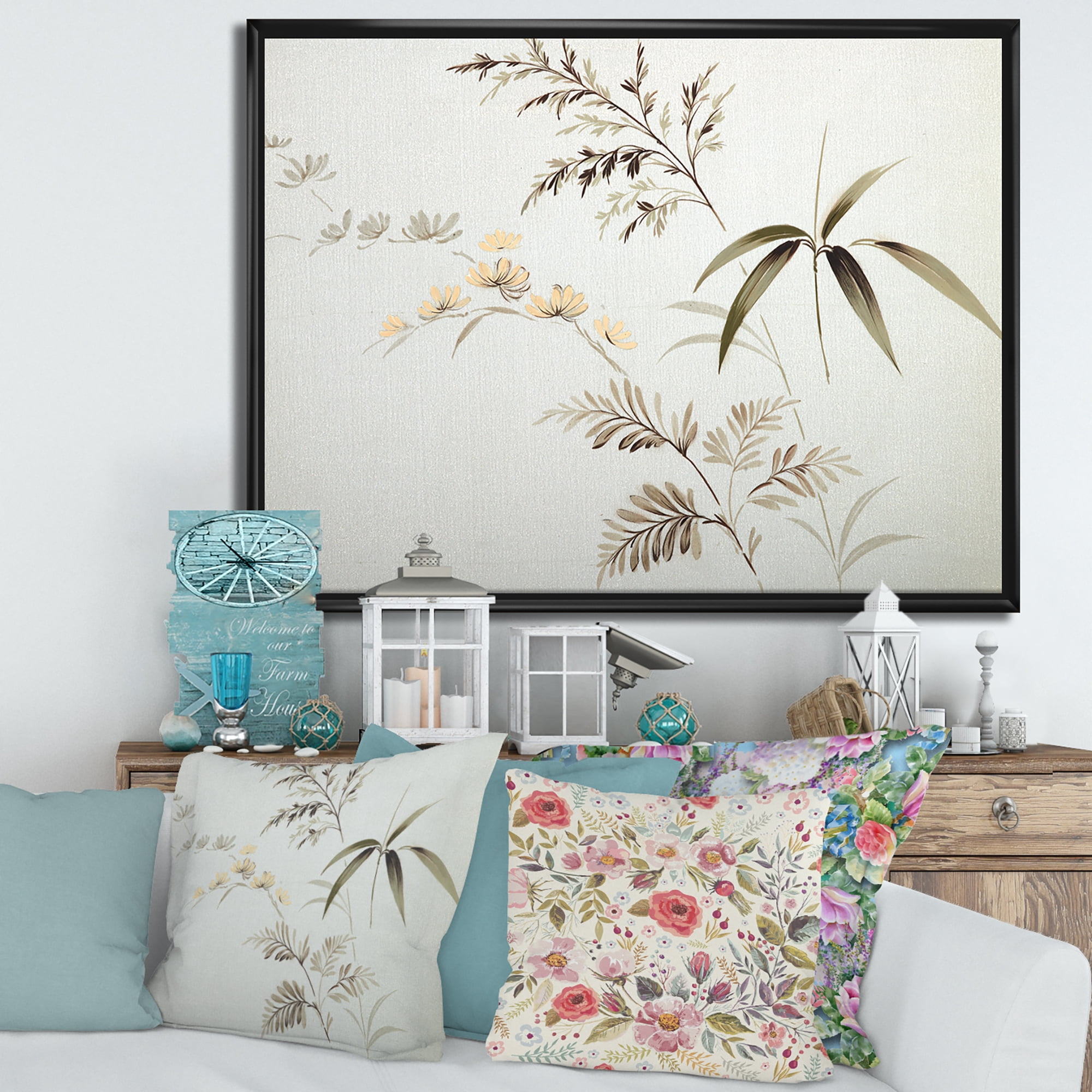 Designart 'Abstract Retro Drawing of Flowers III' Vintage Framed Canvas Wall Art Print