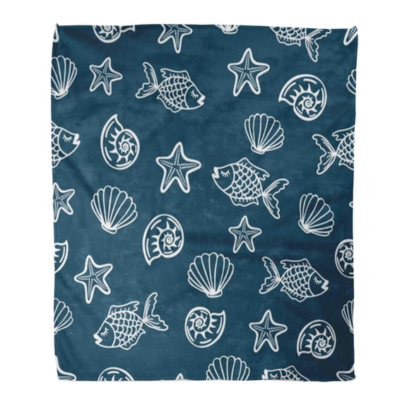 SIDONKU Throw Blanket 50x60 Inches Cartoon Fish Seashells Starfish Sea Child Drawing Underwater Black Warm Flannel Soft Blanket for Couch Sofa Bed