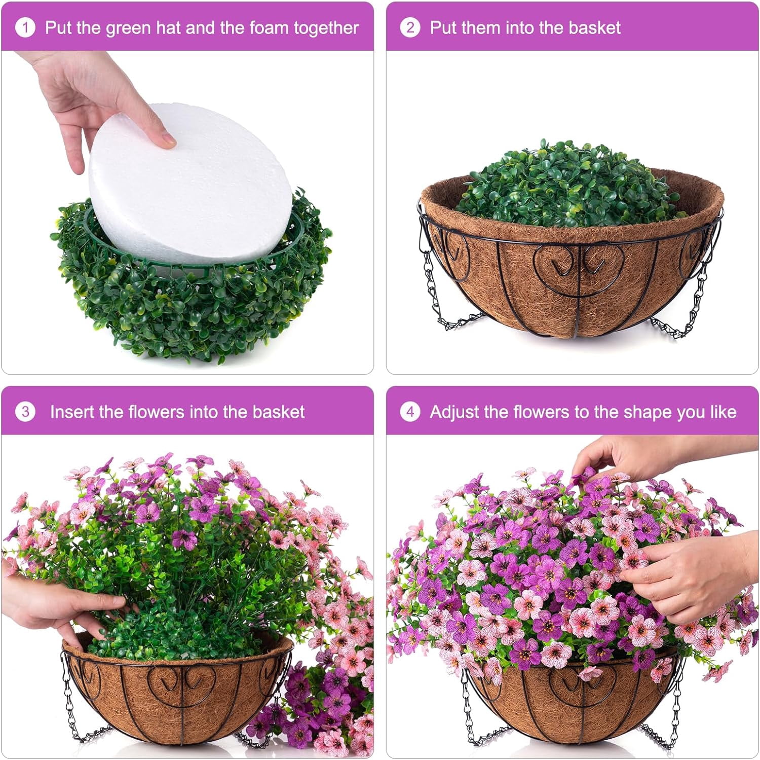 Artificial Fake Hanging Outdoor Outside Flowers Plants Basket for Summer Porch Decoration, Faux Silk UV Resistant Look Real Daisy in Planter for Patio Balcony Garden