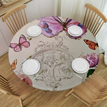 Ollo0ord Beautiful Butterfly Round Tablecloth, Fitted Table Cover with  Backing Elastic Edge, Waterproof Wipeable Patio Table Cloths for Round Table 31"-35