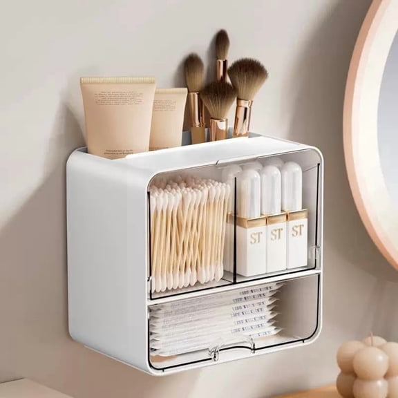 Qtip Holder for Bathroom Container, Wall Mounted & Countertop Cotton Swab Organizer with Drawer, Dustproof Storage Balls, Pads, Tampons, Makeup Brushes Hair Accessories Vanity