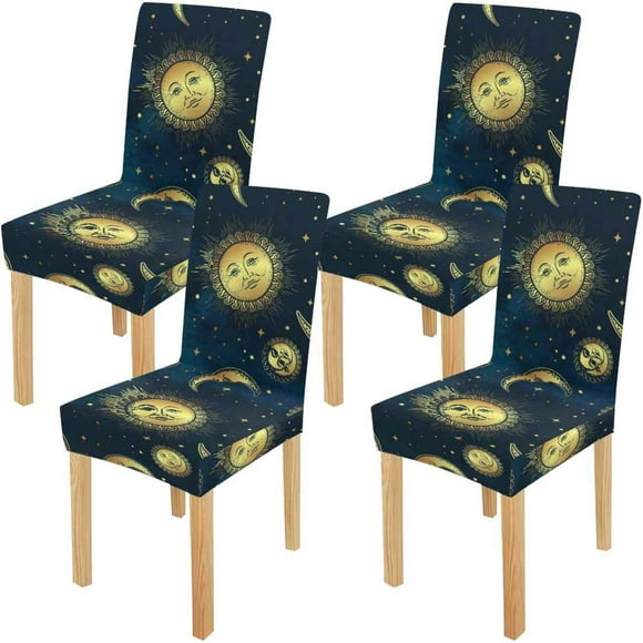 POGLIP Boho Celestial Bodies Gold Sun Moon and Stars Stretch Chair Cover Protector Seat Slipcover for Dining Room Hotel Wedding Party Set of 4