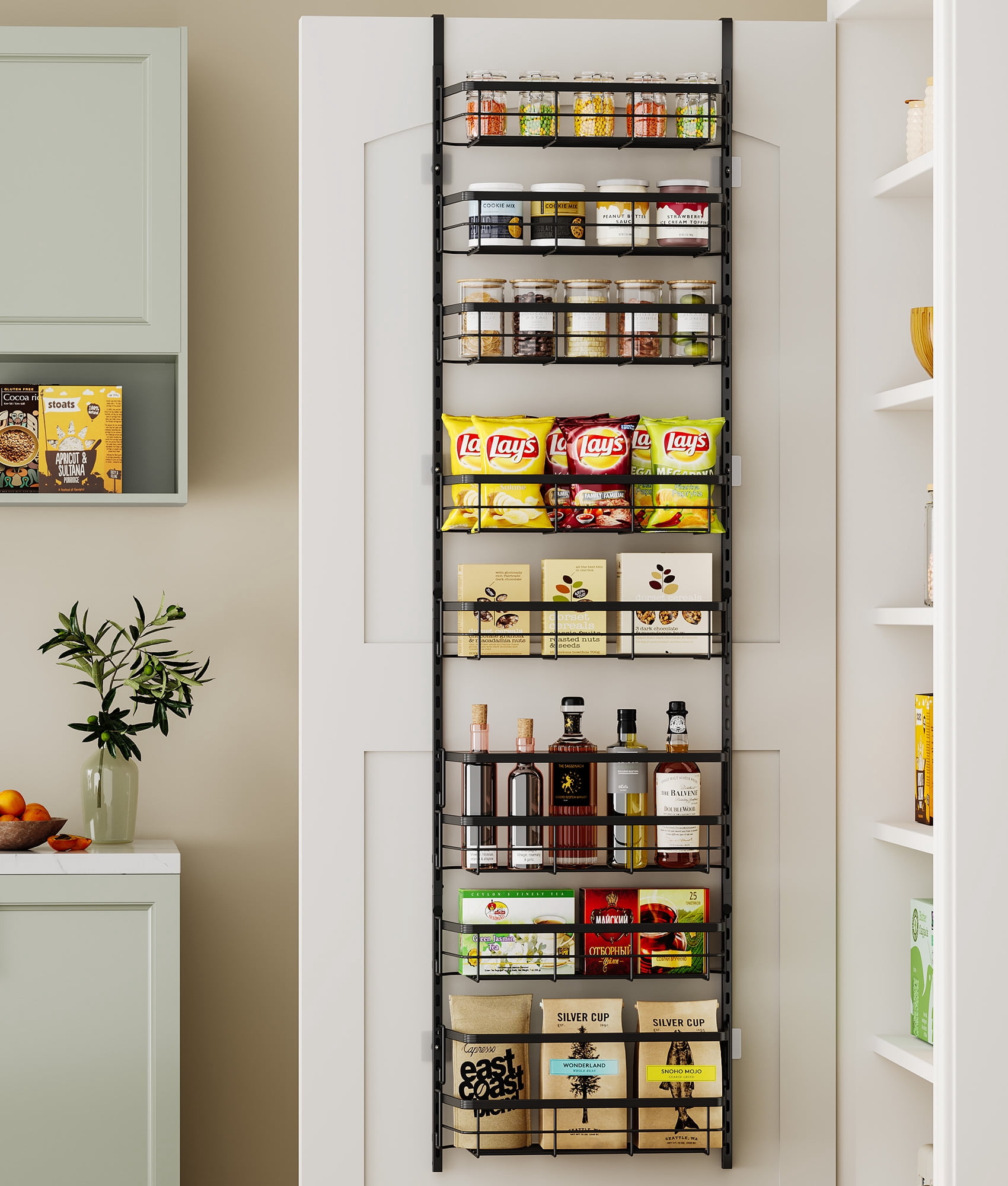 8-Tier Adjustable Over the Door Pantry Organizer with 2 Sets Hooks Fits Most Doors, Hanging Spice Rack for Pantry Door Organizer And Storage, Black