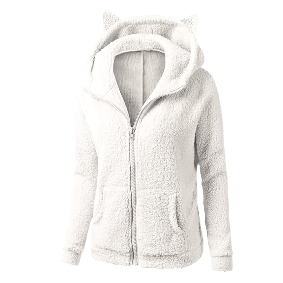 Women Cute Cat Ear Fleece Hoodies Zipper Fuzzy Sherpa Jackets Long Sleeve Casual Cozy Warm Winter Coat Outwear