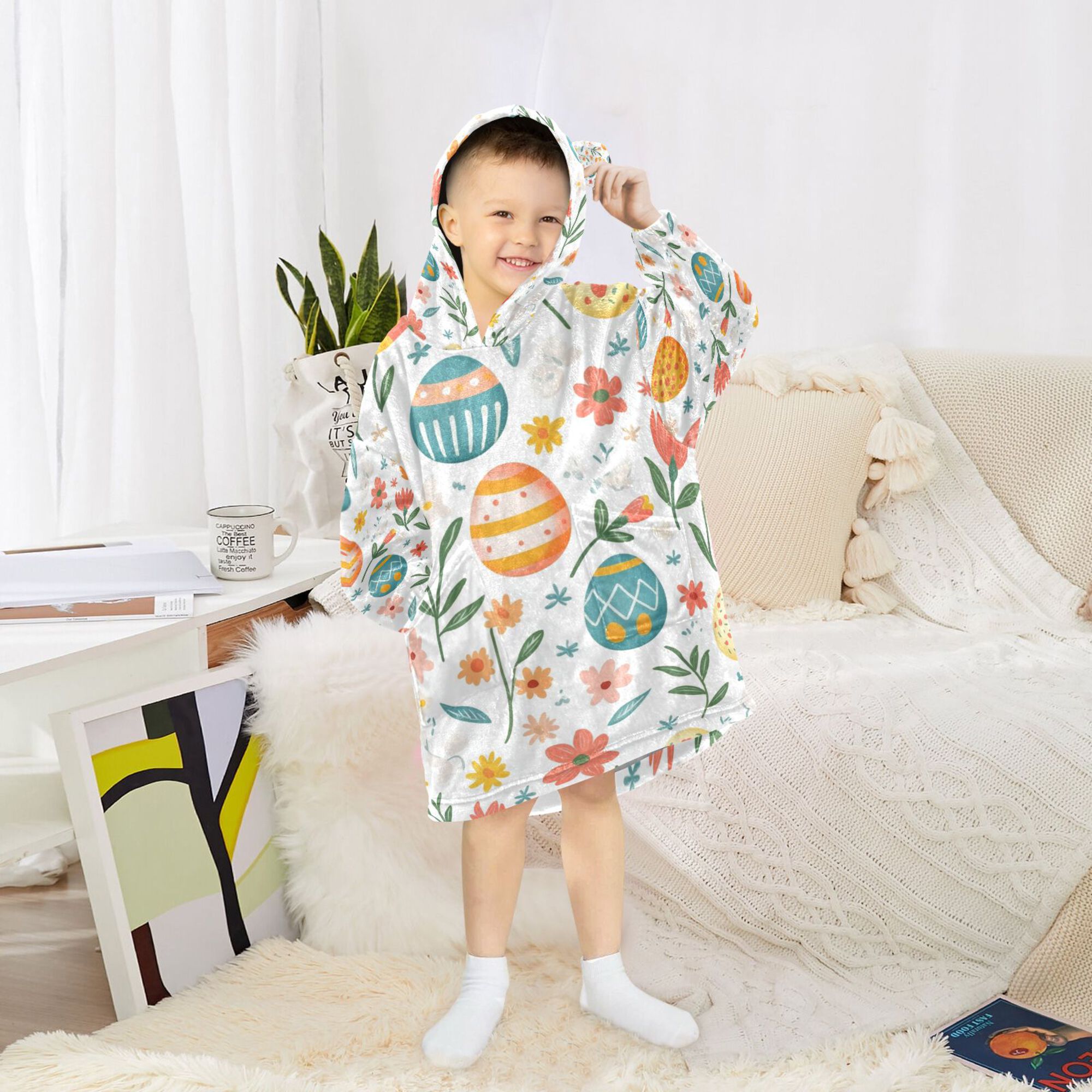 FORMRS Wearable Blanket Hoodie with Sleeves for Kids Cozy Flannel Sweatshirt, Floral Easter Eggs