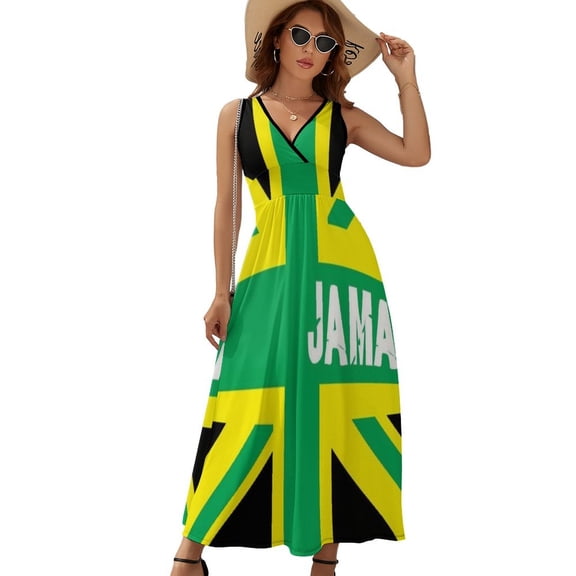 Jamaican, Jamaica Womens Night Club Maxi Dress V Neck Sleeveless Bohemia Long Dresses