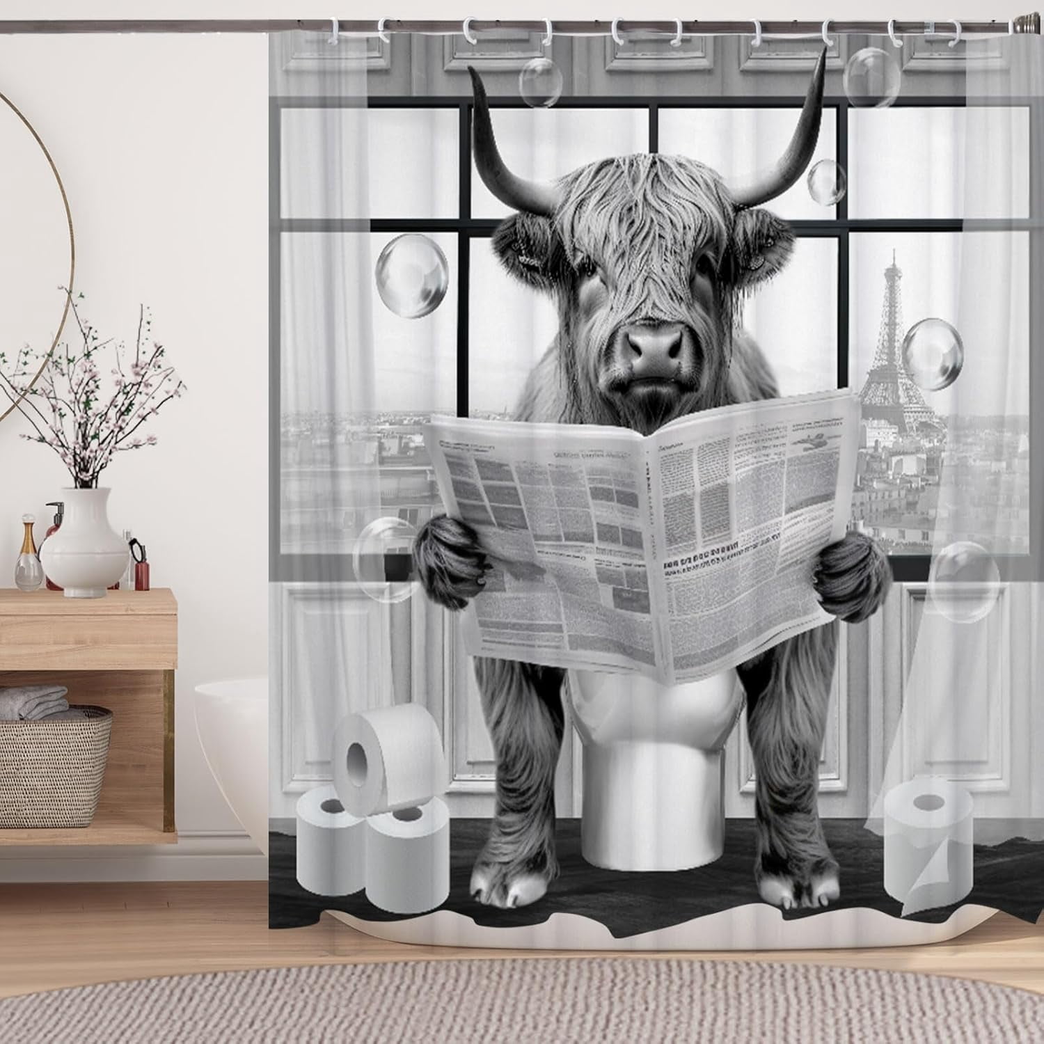 Funny Highland Cattle Cow Bull Shower Curtain, Black and White Cattle Reading Newspaper on Toilet Shower Curtains Set, Humor Western West Farmhouse Shower Curtains with Hooks 36x72inch