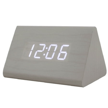 Modern Triangle LED Wooden Alarm Clock Classical Digital Sound Control Desk Clock Thermometer (White Wood and White Light)