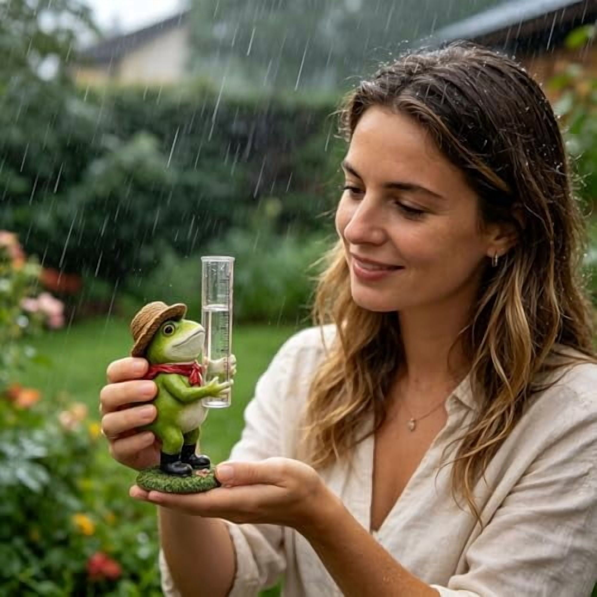 Resin Frog Rain Gauge with Glass Tube, Outdoor Yard Garden Decor