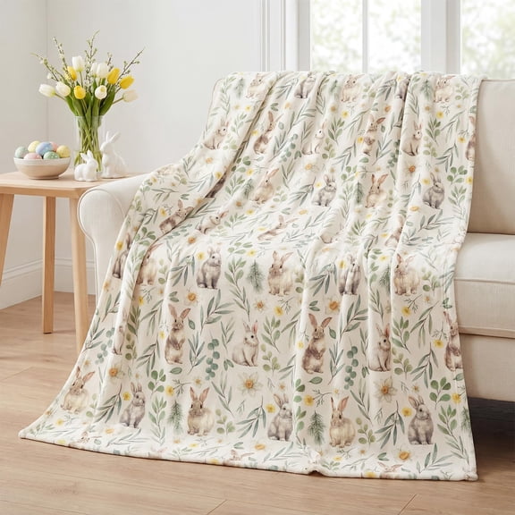 Freedom Easter Flannel Blanket Throw, Easter Eggs Bunny Rabbits Plaid Leaves Flowers Soft Fuzzy Plush Cozy Fleece Blankets for Couch Sofa Bed Lounging, Ideal Adults Self, 50x60