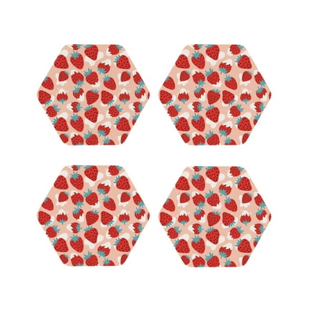 

Coasters Set of 4 - Cute strawberry print Drink Coasters for Tabletop Protection Leather Coasters for Living Room Decor and Housewarming Gift Hexagon