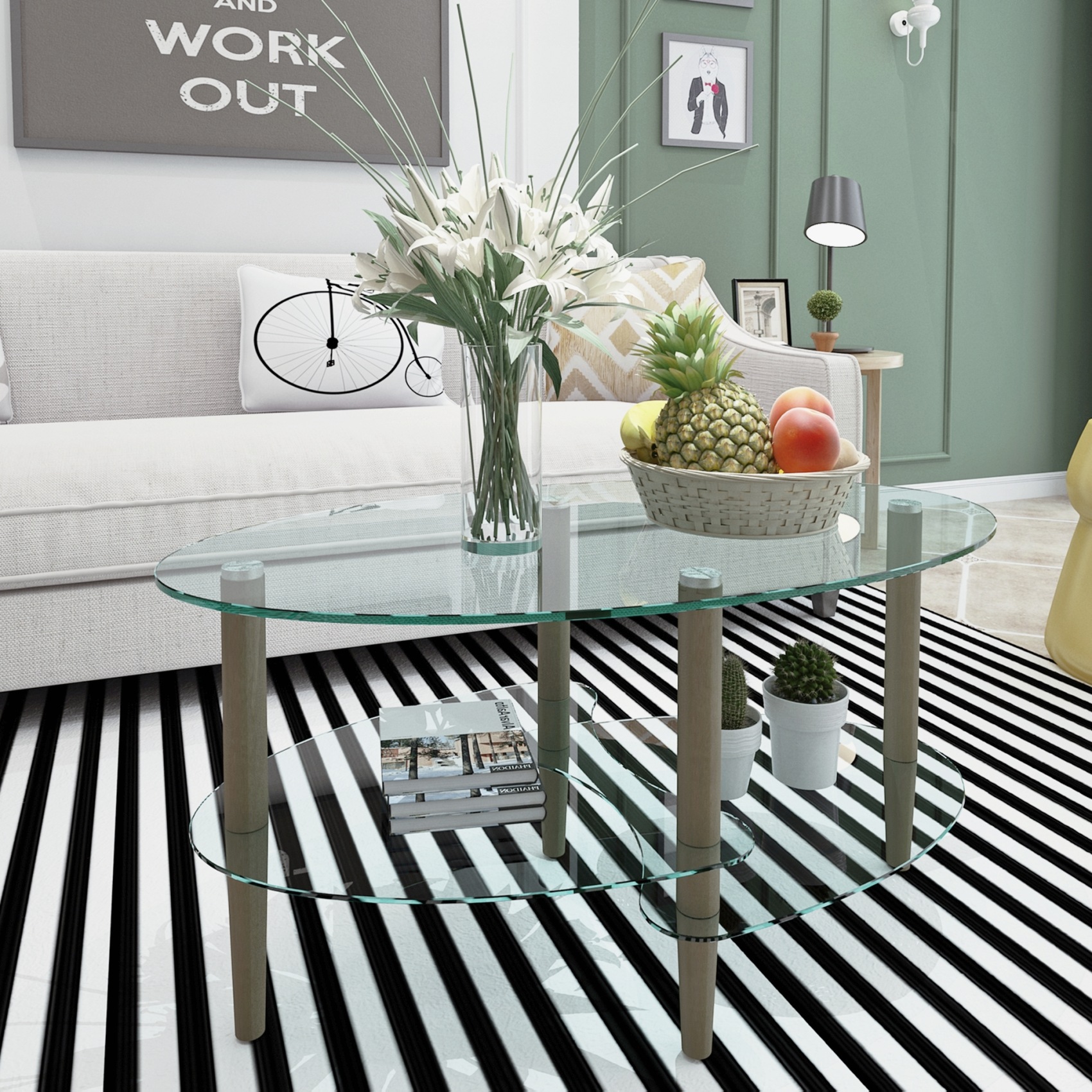 Glass Coffee Table, Modern Multi-Function 3-Layer Oval Tea Table with Wood Legs, Tempered Glass Small Coffee Table for Living Room, Bedroom, Brown
