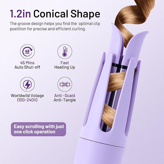 RKXQT Automatic Hair Curling Iron Automatic Hair Curler Automatic Rotating with 3 Temperature Sets, Anti-Scald, Anti-Tangle Auto Curling Iron Rotating, Purple