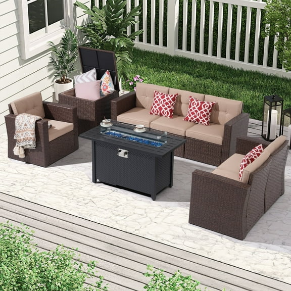 JOIVI 8 Pcs Patio Conversation Set with 45" 50000 BTU Fire Pit Table, Outdoor Furniture Rattan Wicker Patio Sectional Sofa Set with Storage Box, Brown