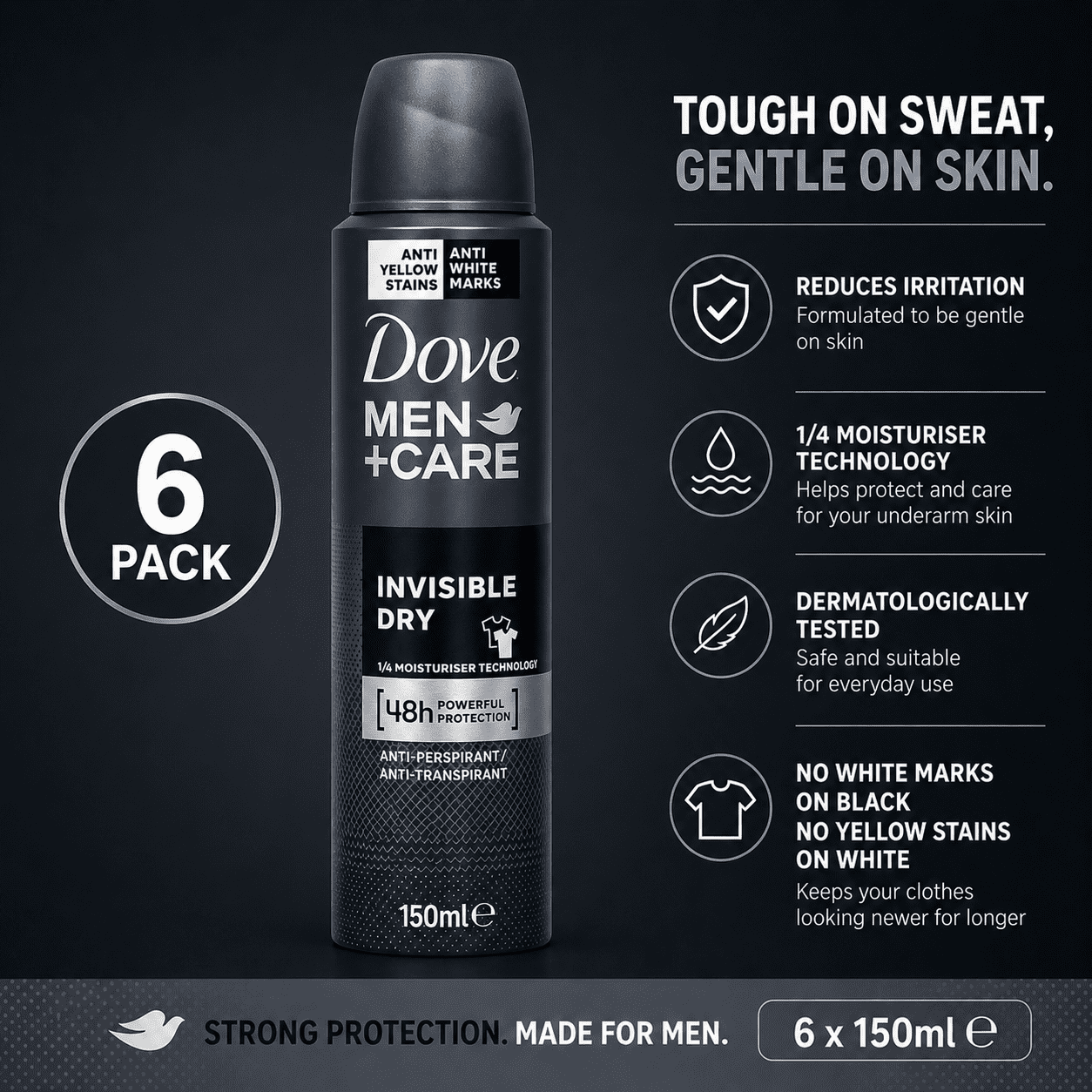 Dove Men+Care Invisible Dry Antiperspirant Spray Deodorant 3.8 oz (150 mL), 6 Pack, 72-Hour Protection, No White Marks on Clothes