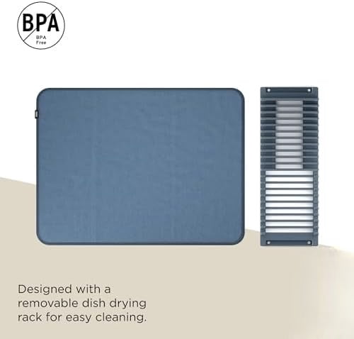 Udry Dish Rack and Microfiber Drying Mat – Space-Saving Design Folds Up for Easy Storage, Basic Rack, Slate Blue