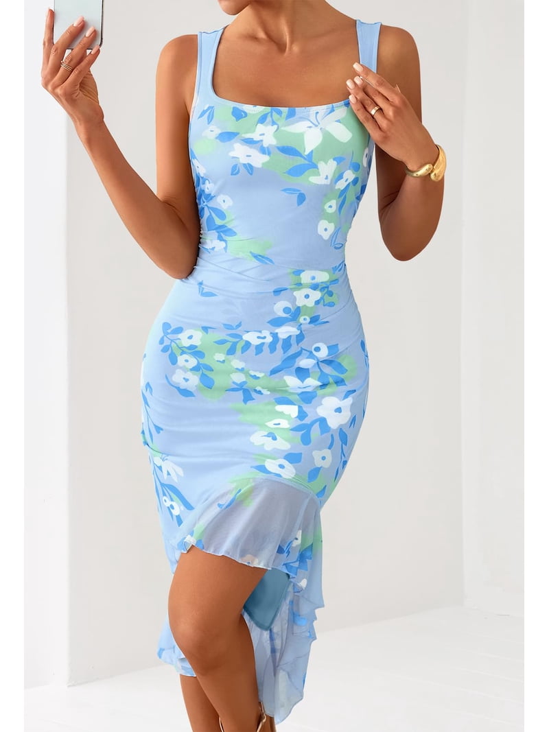 blue mesh bodycon dress Merokeety Womens Ruffle Cocktail Beach Vacation Midi Dresses L Low Iron If Needed Week 3 - 2026 Red and Black Wedding Color:Black as Picture