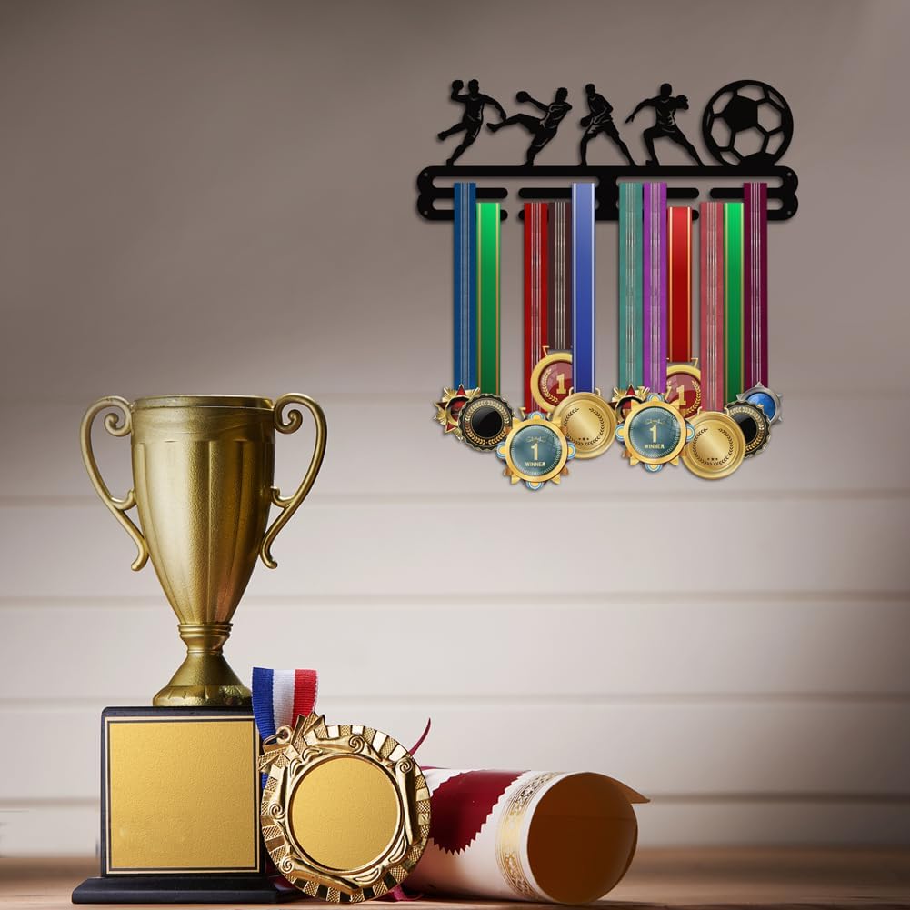 PH Soccer Medal Hanger Display Medal Holder Rack Wall Mount Hanger Decor Trophy Shelf Tiered Award Rack Award Ribbon Hanger with Gift Box for Over 50 Medals Easy to Install Black DIY