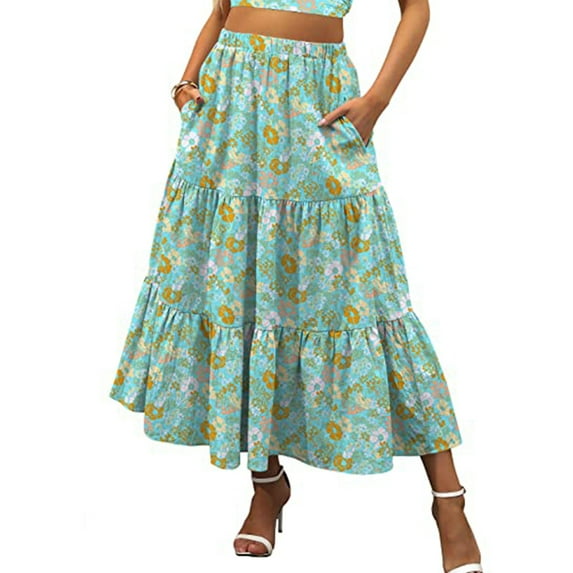 Qiylii Women Summer Boho Skirt,Elastic Waist Pleated A Line Flowy Layered Ruffle Swing Long Maxi Beach Skirt with Pockets