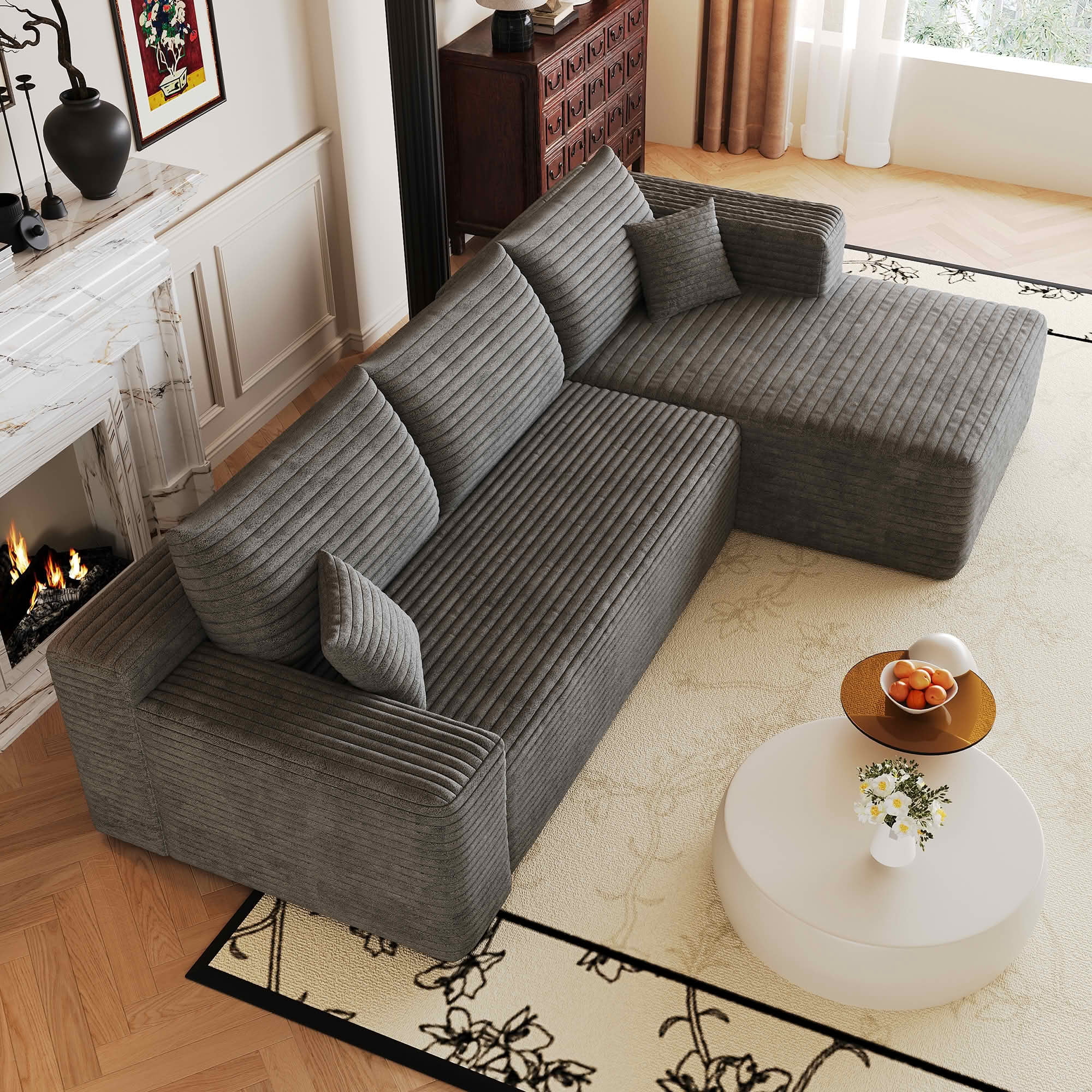 MAYEERTY 103 Inch L‑Shaped Cloud Sectional Sofa, Modern Minimalist Deep‑Seat Corner Couch, Plush Corduroy Upholstered Reversible Sofa, No‑Assembly Required for Living Room Apartment