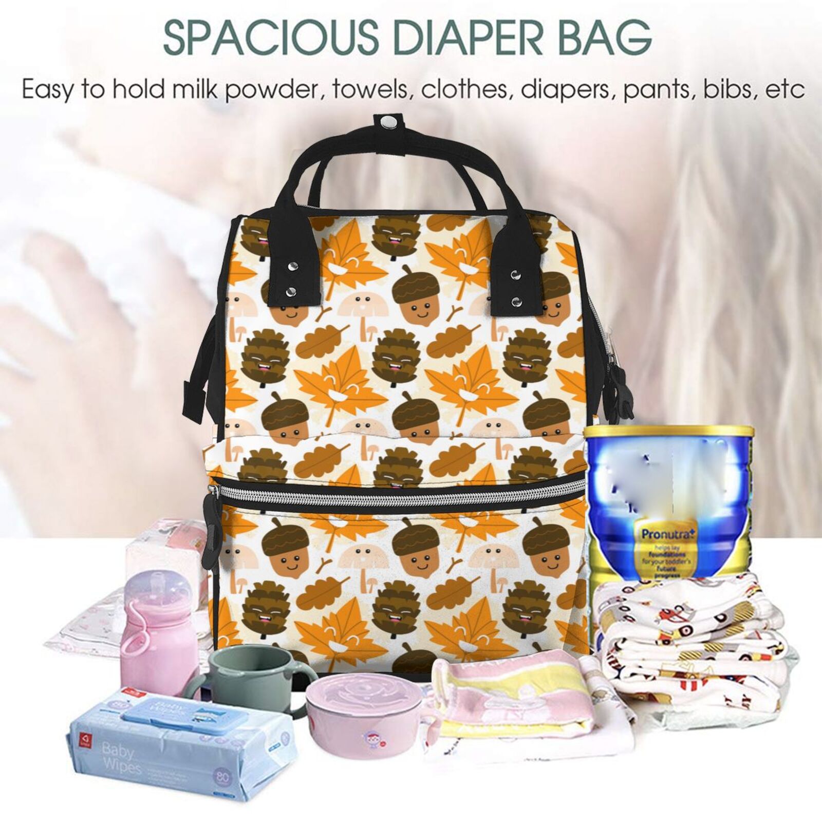 Fuzoiu Autumn Woodland Characters Print Diaper Bag Backpack,Baby Essentials Travel Tote,Multi function Waterproof Diaper Bag, Travel Essentials Baby Bag - Unisex