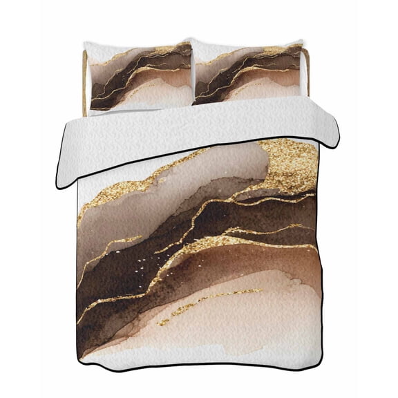 Quilts Twin-XL Size Bedding Set, Brown Gold Marble Lightweight Quilted Comforter, Modern Simple Abstract Fluid Art Soft Reversible Bedspread Coverlet with Pillow Covers for All Season, 68" x 98"