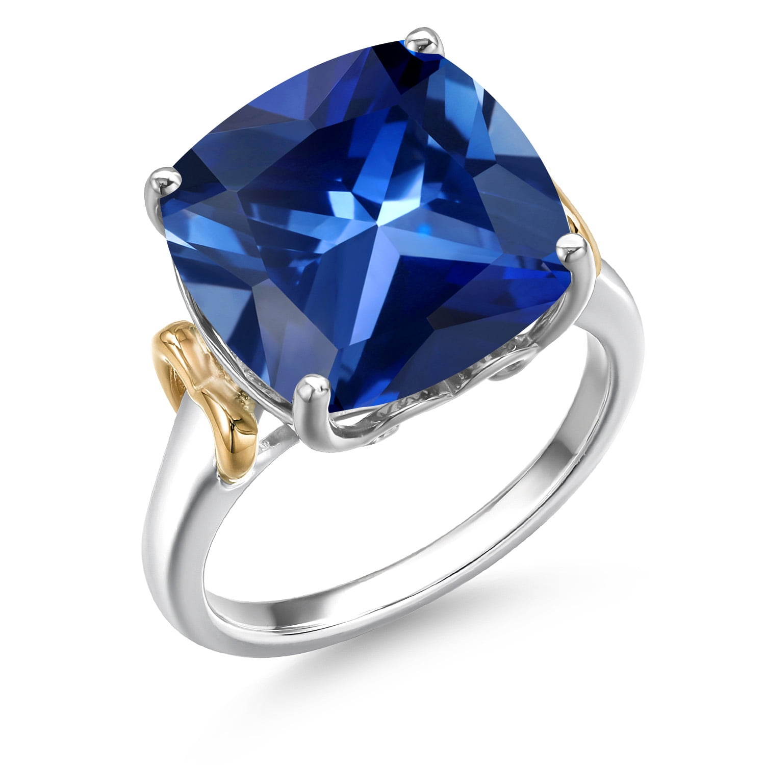 Gem Stone King 925 Silver and 10K Yellow Gold Blue Created Sapphire Solitaire Engagement Ring for Women | 8.50 Cttw | Cushion 12MM | Gemstone September Birthstone | Size 7