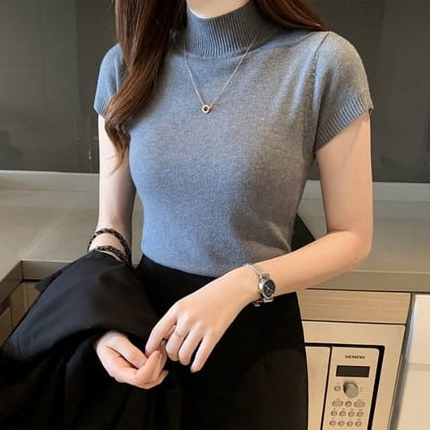 Blusa informal de color liso para mujer, blusa de punto coreana, blusa de cuello alto ajustada para primavera y verano