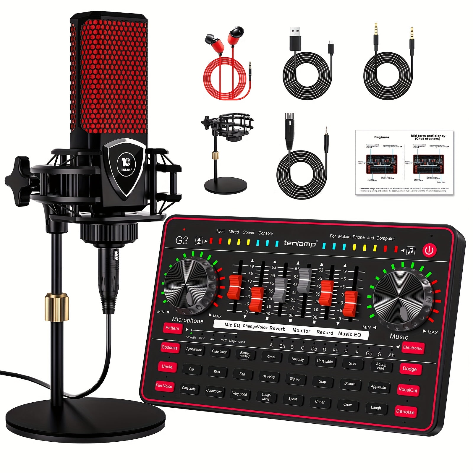 Professional Mixer Kit: Condenser & Dynamic Mic with Sound Card for Streaming, Podcast, Recording, Karaoke on Laptop & Mobile