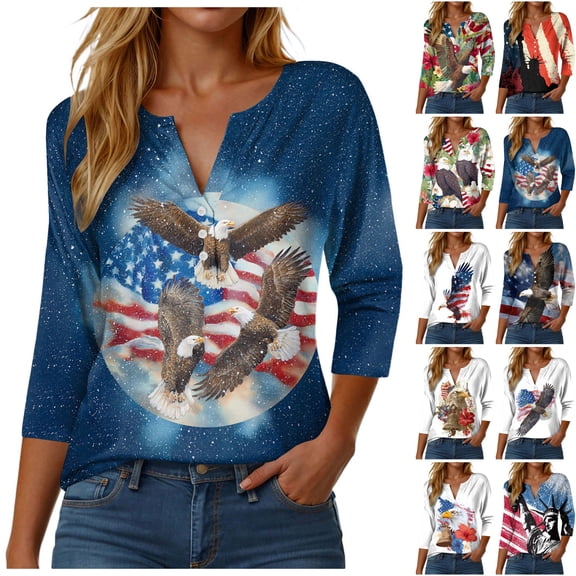 GEWSEY 4Th of July Shirts Women 3/4 Sleeve Crewneck Cute Shirts Casual Print T Shirt (Beige, L)