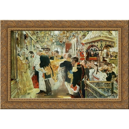 Uspensky Cathedral (Coronation of the Emperor Nicholas II in The Uspensky Cathedral 24x18 Gold Ornate Wood Framed Canvas Art by Valentin)