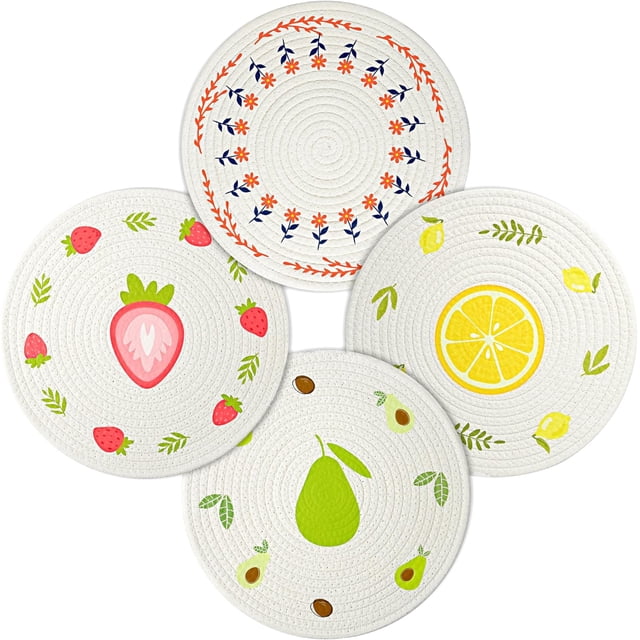 Juego de 4 Manteles Individuales Redondos, Manteles Individuales Navideños Tejidos de Algodón con Estampado de Flores, Salvamanteles Lavables Resistentes al Calor Posavasos 30cm
