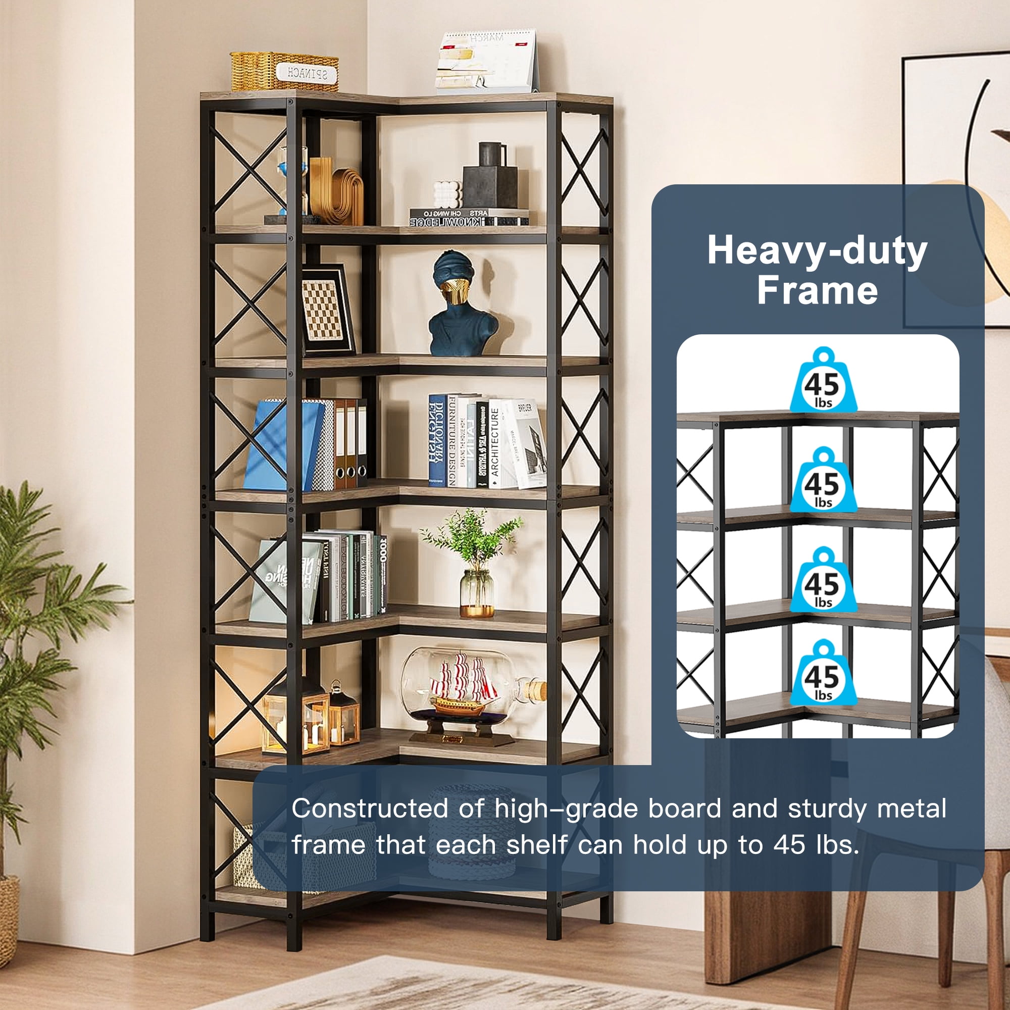 Demi Bonn 7 Tier Corner Bookshelf, Bookshelves, Open Etagere Bookcase Shelf Storage Organizer, Storage Shelving Unit for Bedroom, Living Room and Home Office, Gray