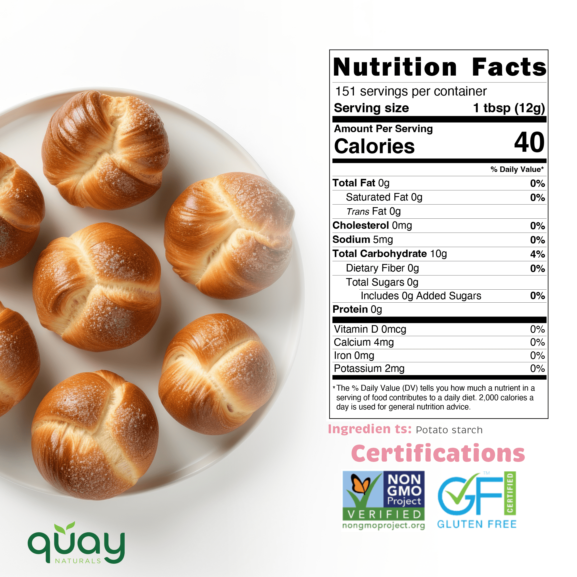 Quay Naturals Organic Potato Starch, Unmodified, 2lb, Gluten Free, Non-GMO, Plant-Based