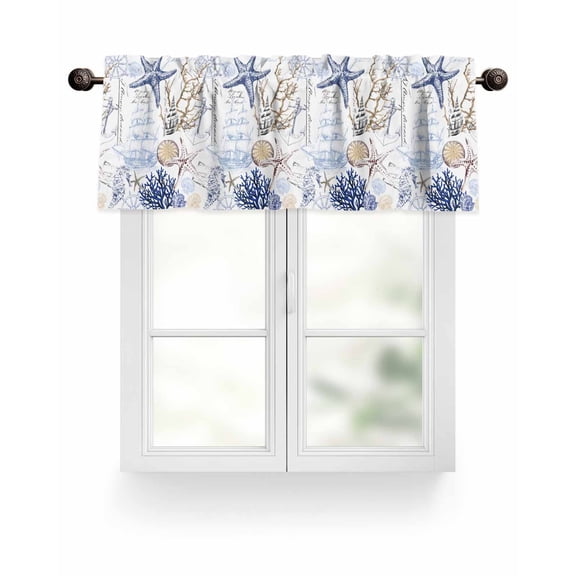 Blue Coastal Nautical Kitchen Valances for Windows Shell Starfish Conch Coral Valance Curtains for Kitchen /Living Room/Bedroom/ Bathroom Decor, 42"x12 " ,Rod Pocket 1 Panel, White