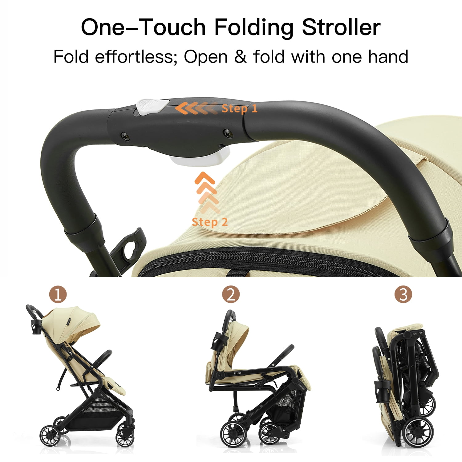 Gromast Compact Fold Baby Stroller, Lightweight Travel Toddler Stroller with One-Click Fold, Extendable UPF50+ Canopy, Cup Holder, UV Protected and Waterproof, One-Hand Folding - Beige