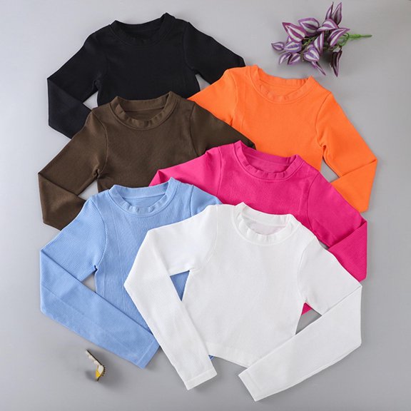 UVEASISHA Ribbed Knit Crop Tops for Women Slim Fit Long Sleeve Workout Shirts Crew Neck Yoga Athletic T Shirts Solid Color Casual Sporty Tees Hot Pink M