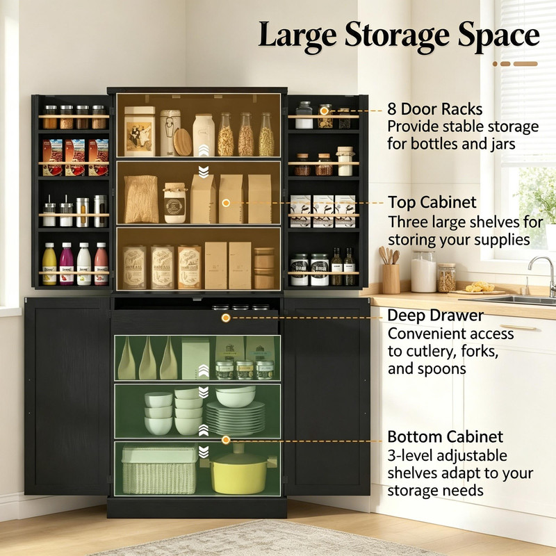 Farmhouse Style Storage Cabinet with Side Rack, Home Bar Sideboard Organizer, Kitchen Pantry Cabinet with Adjustable Shelf
