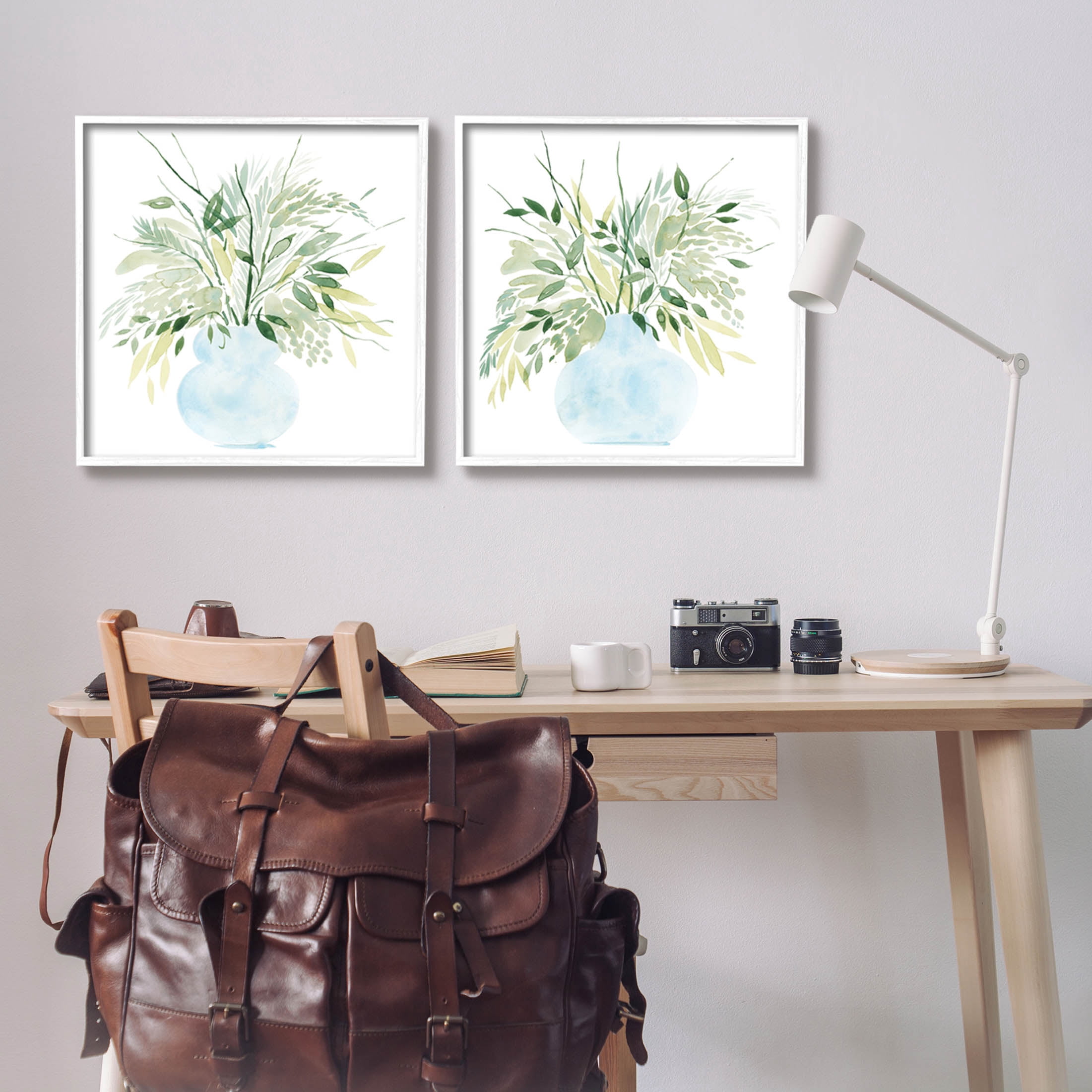 Stupell Industries Herbal Plants Watercolor Vase Graphic Art White Framed Art Print Wall Art, Set of 2, Design by Grace Popp