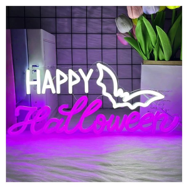 Letrero De Neón Happy Halloween Con Murciélagos Luz LED Alimentación Por USB Regulable Para Dormitorio Fiesta Sala De Juegos Decoración 40cmx17.5cm