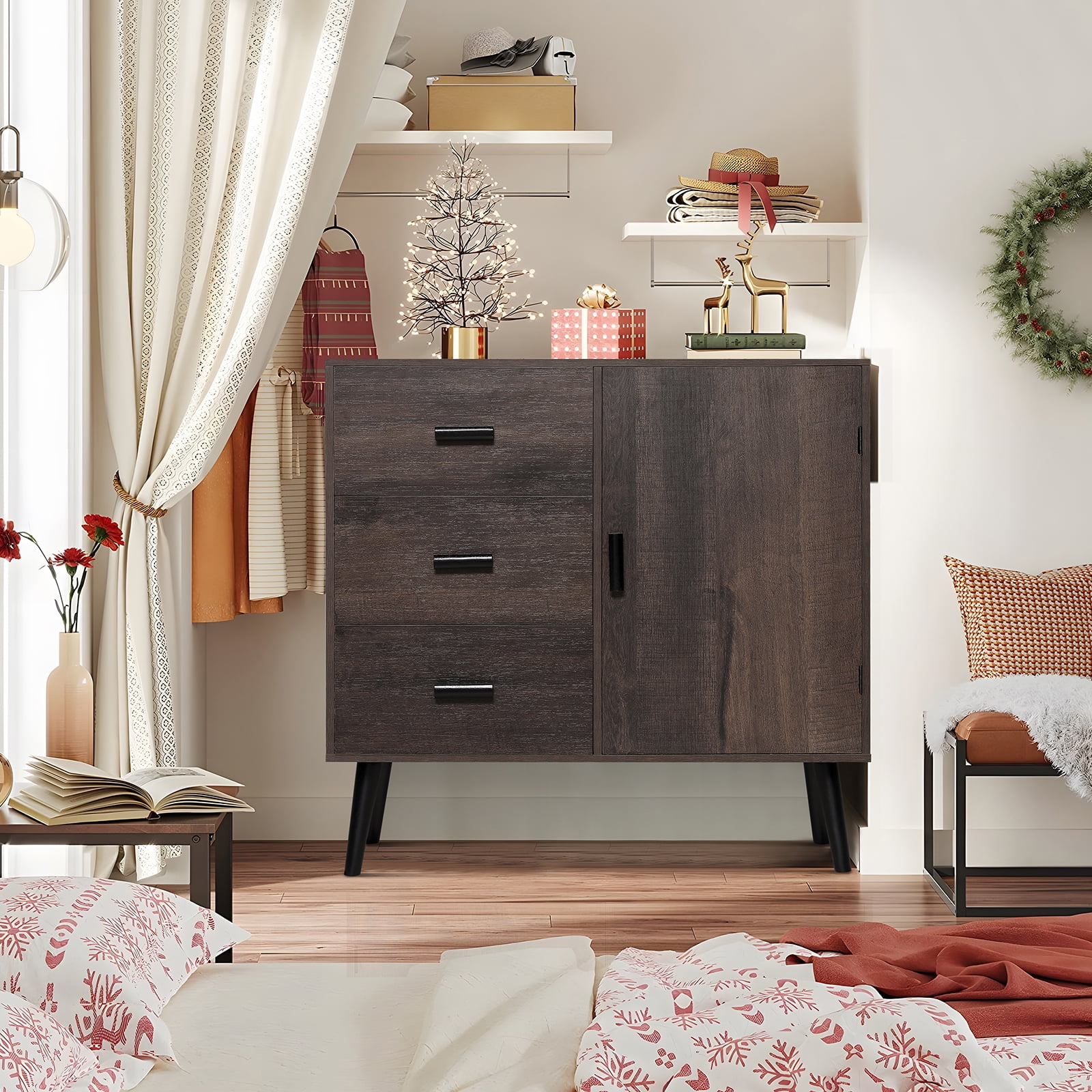 IWELL Storage with Door & 3 Drawers, Wood Floor Storage