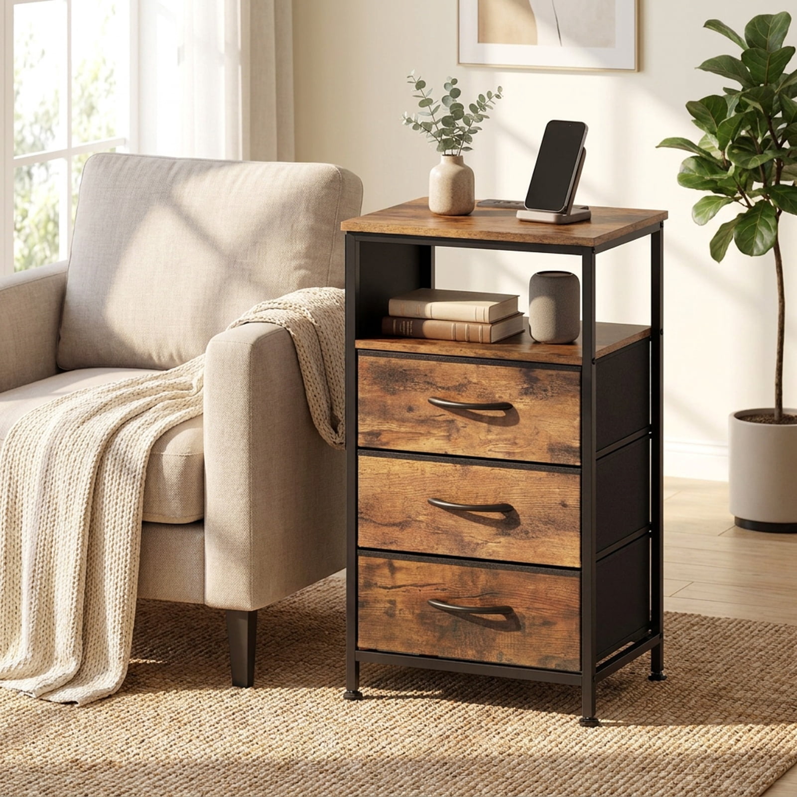 Furnibear Nightstand with Charging Station 27.5 inch Modern Bedside Table with 3 Fabric Drawers for Bedroom Living Room Bedside Sofa, Rustic Brown