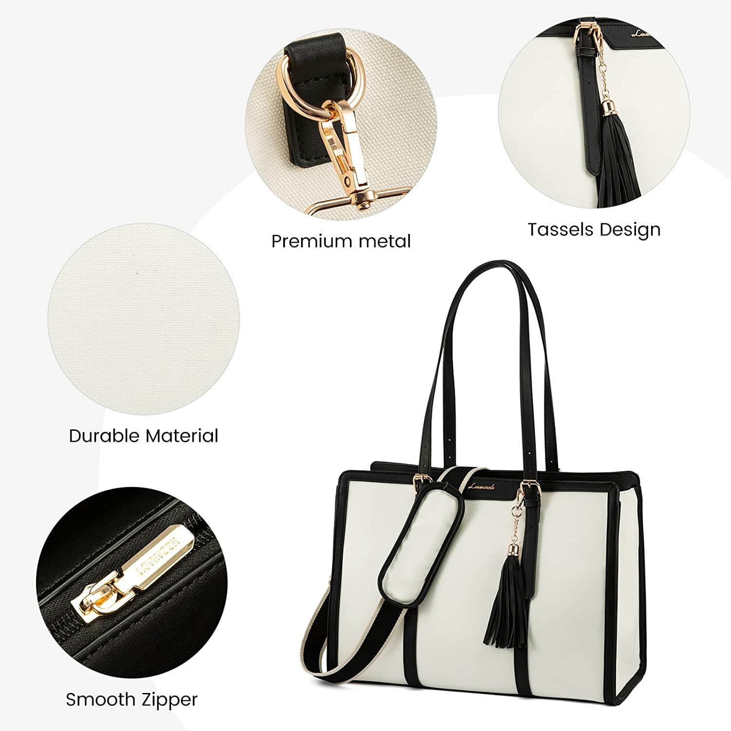 Lovevook Women's Lightweight Canvas 15.6" Laptop Tote with Clutch Purse, Black and Beige