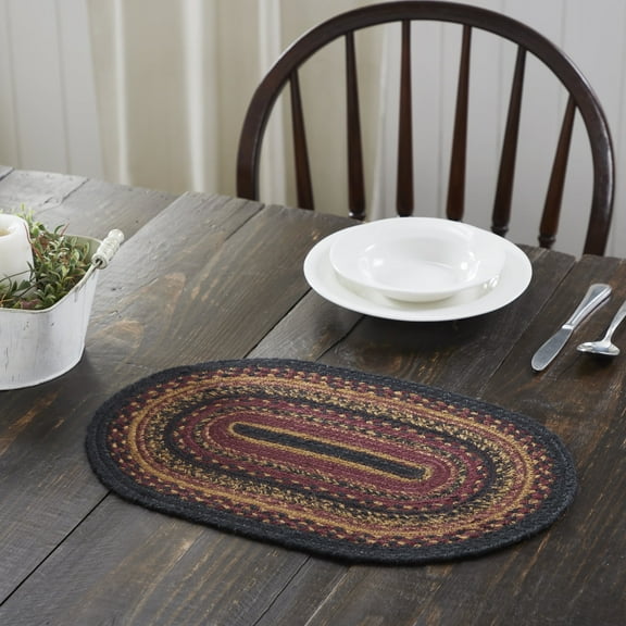 VHC Brands Heritage Farms Dining Table Placemat, Braided Jute, Oval, Red Black Tan. 10x16